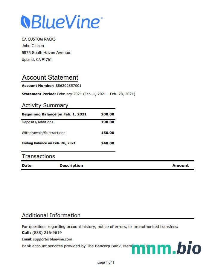 Usa California Bank Trust statement template w formacie Word i PDF